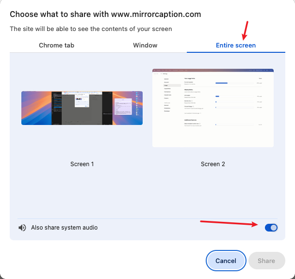 Chrome 'Share system audio' toggle highlighted in the screen-share picker