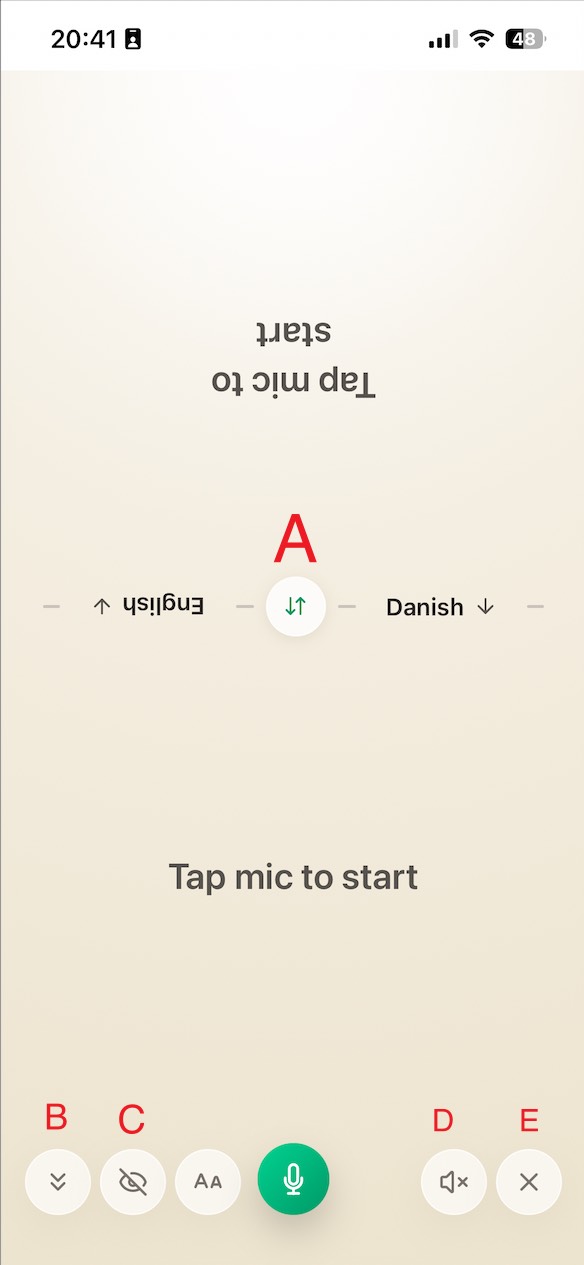 MirrorCaption Talk dialogue mode showing five labelled buttons A through E